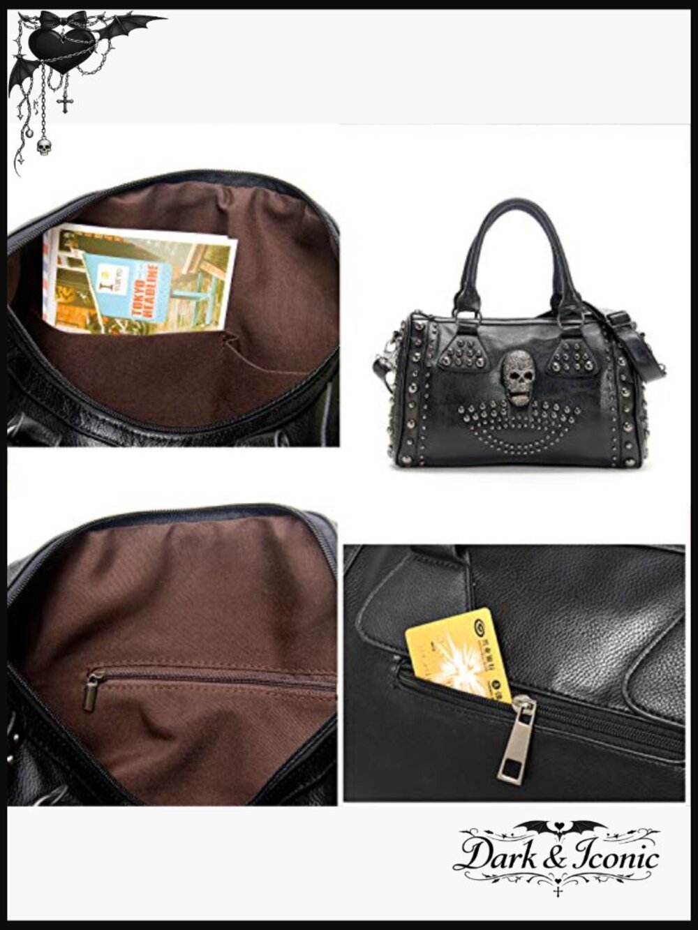 Large Gothic Skull Studded Doctor Handbag Shoulder Crossbody - Picture 6 of 7